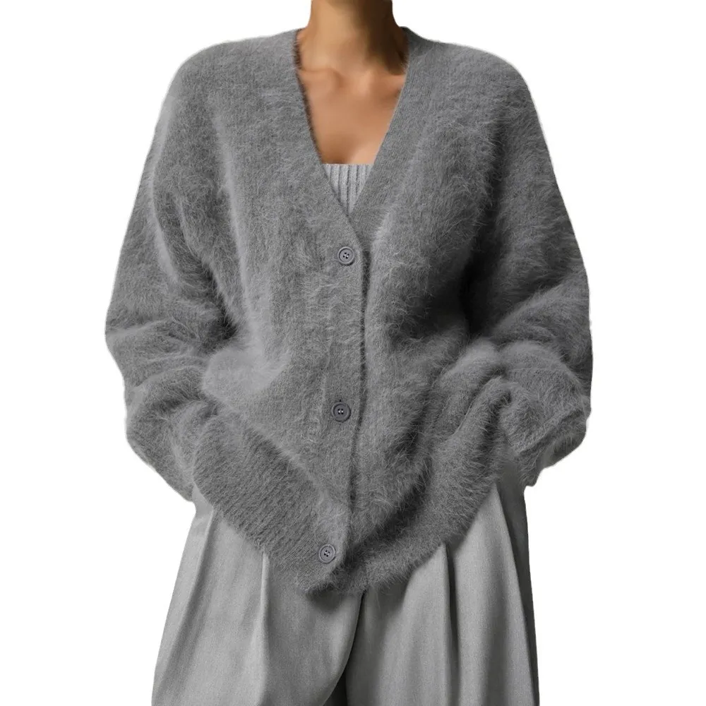 Imitation Mink Wolle gestrickt Sweater Strickjacke Herbst/Winter Lazy Lose Long Sleved V-Ausck Pullover Jacke für Frauen