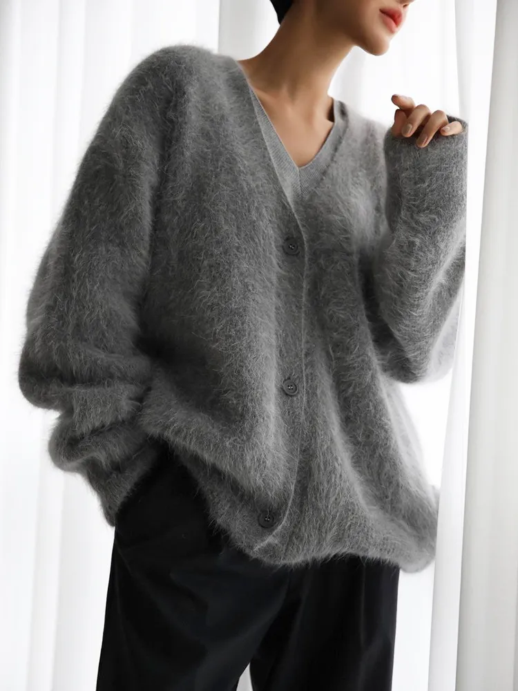 Imitation Mink Wolle gestrickt Sweater Strickjacke Herbst/Winter Lazy Lose Long Sleved V-Ausck Pullover Jacke für Frauen