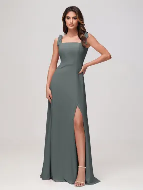 Quadratischer Ausschnitt rmellos Bodenlang Chiffon Kleid Stahlgrau