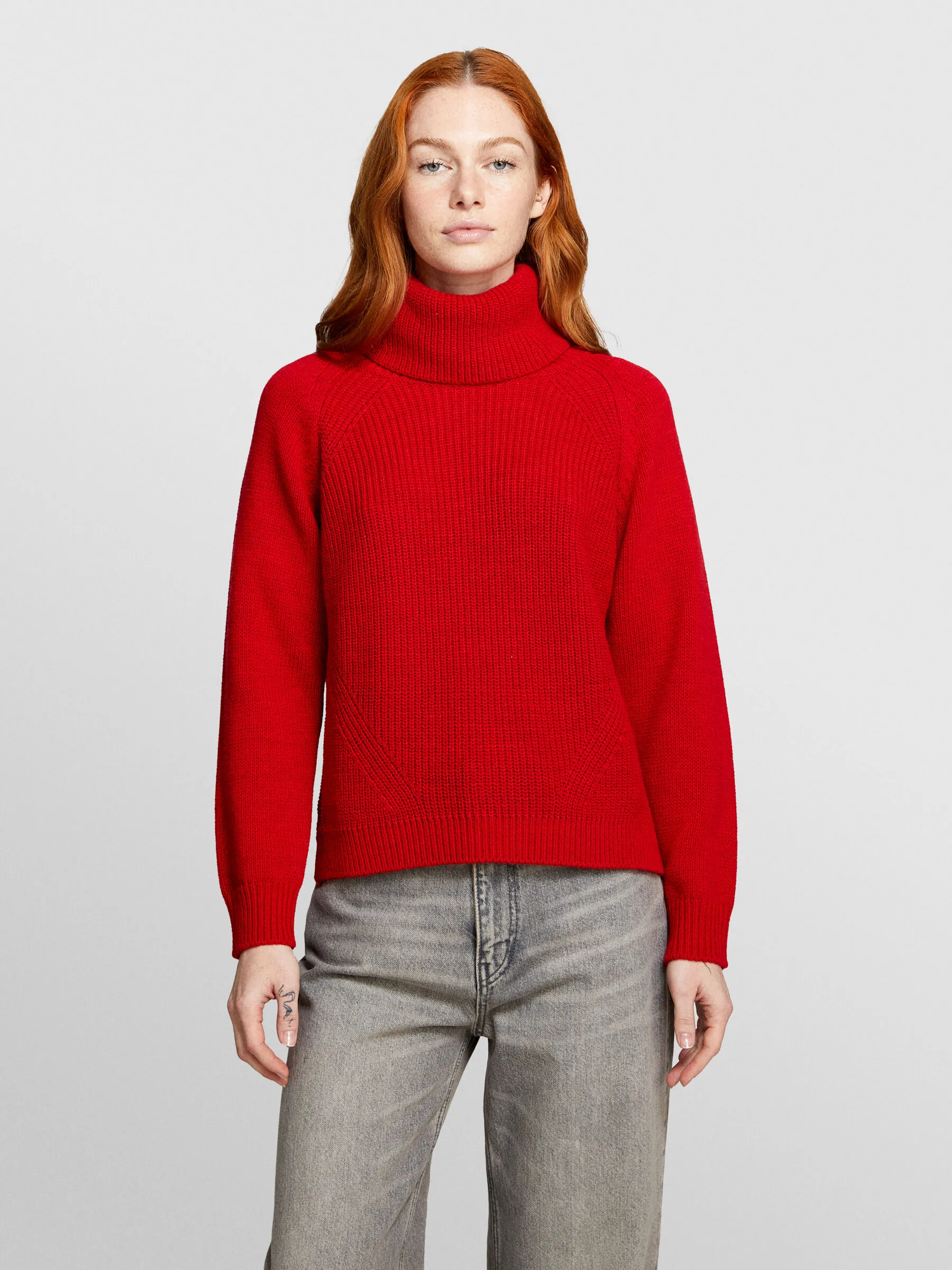 Roter Pullover mit Maxikragen, Rot 