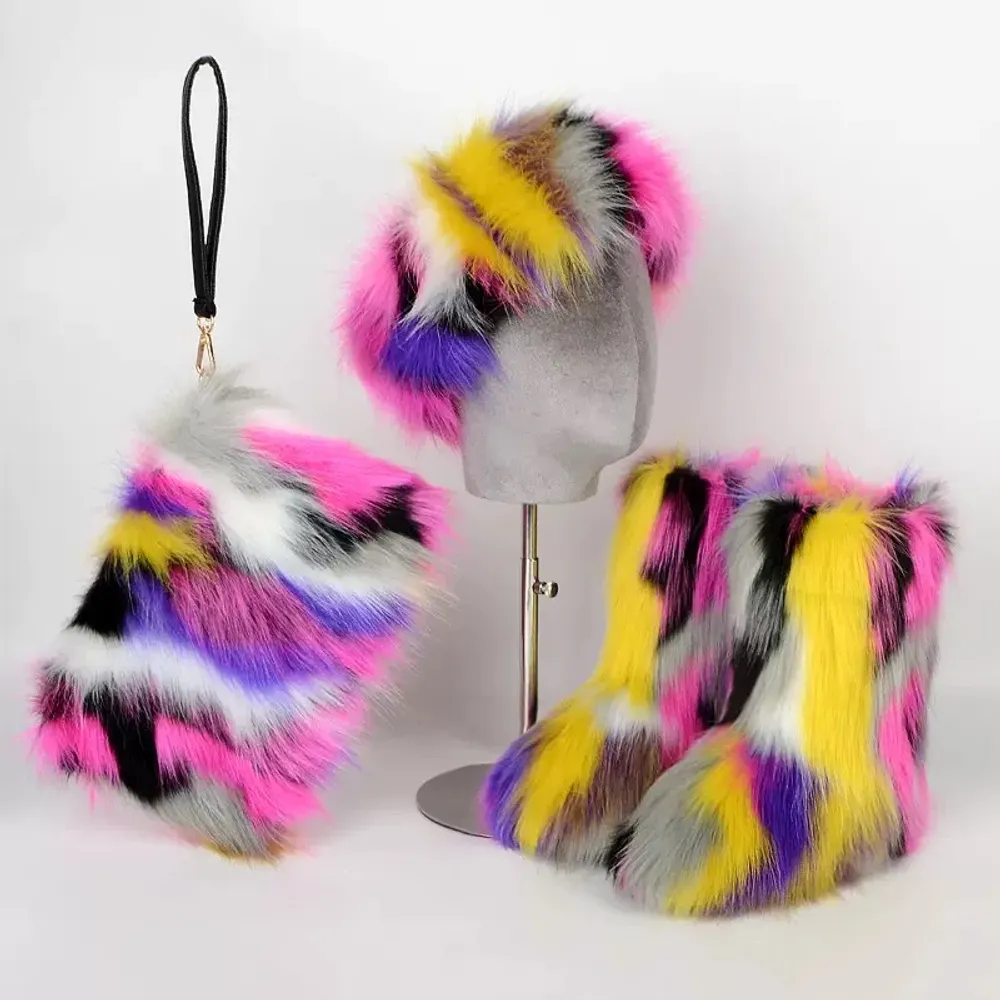 Winter flauschige Schneestiefel für Frauen Faux Fell -Knöchel Pelzige Plüsch Schuh Schuh Schuh Schuh Stiefel Lady Bag Stirnband 